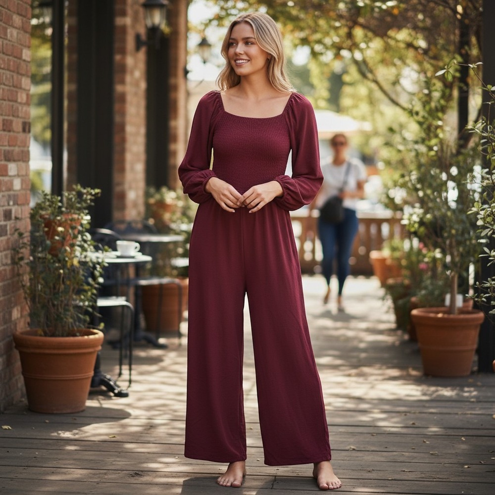 Cottagecore Peasant Jumpsuit M Wine Red Flowy Smocked Puff Sleeve Wide Leg Boho